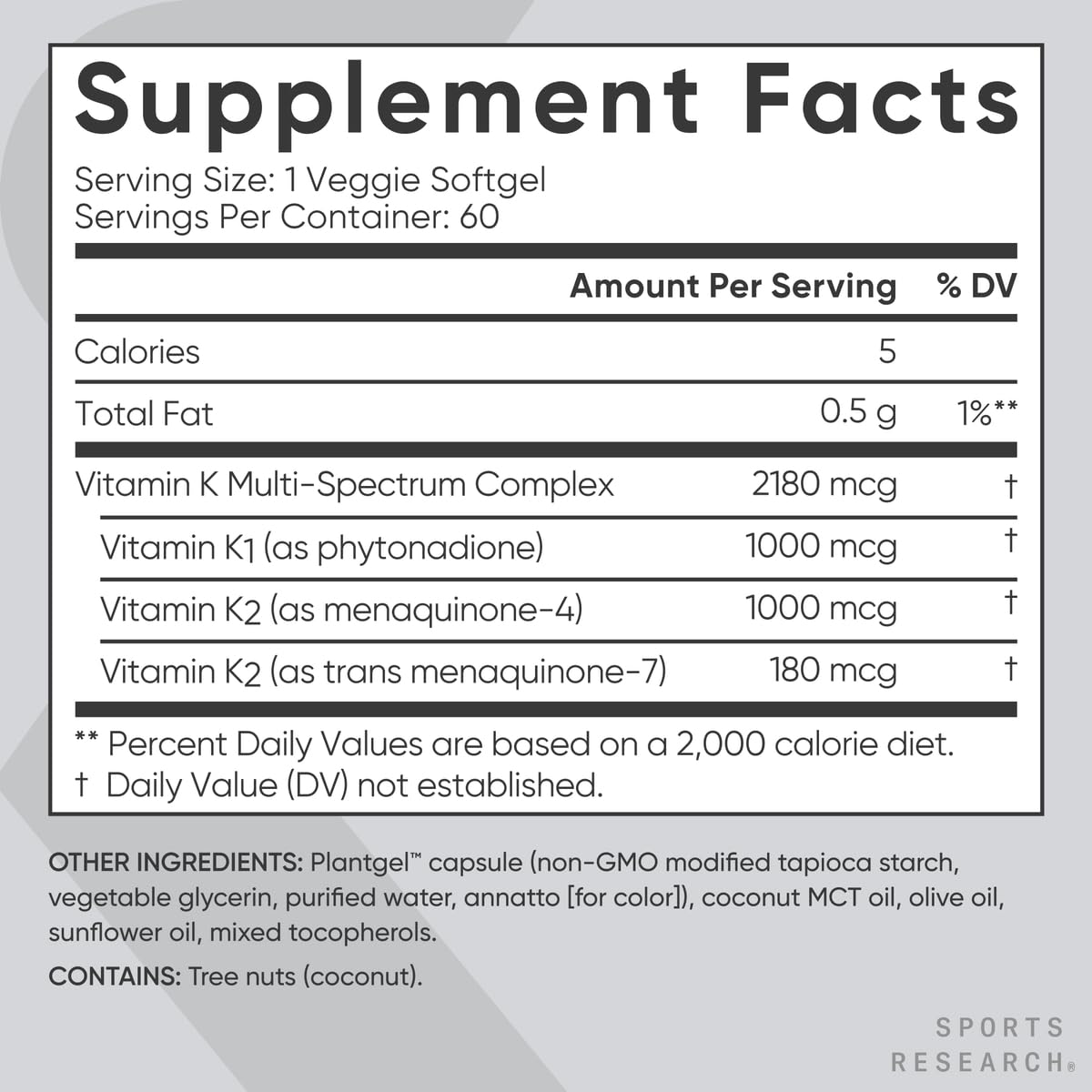 Sports Research Vitamin K Multi-Spectrum dosificación diaria de 1000 mcg K1 y 1180 mcg K2