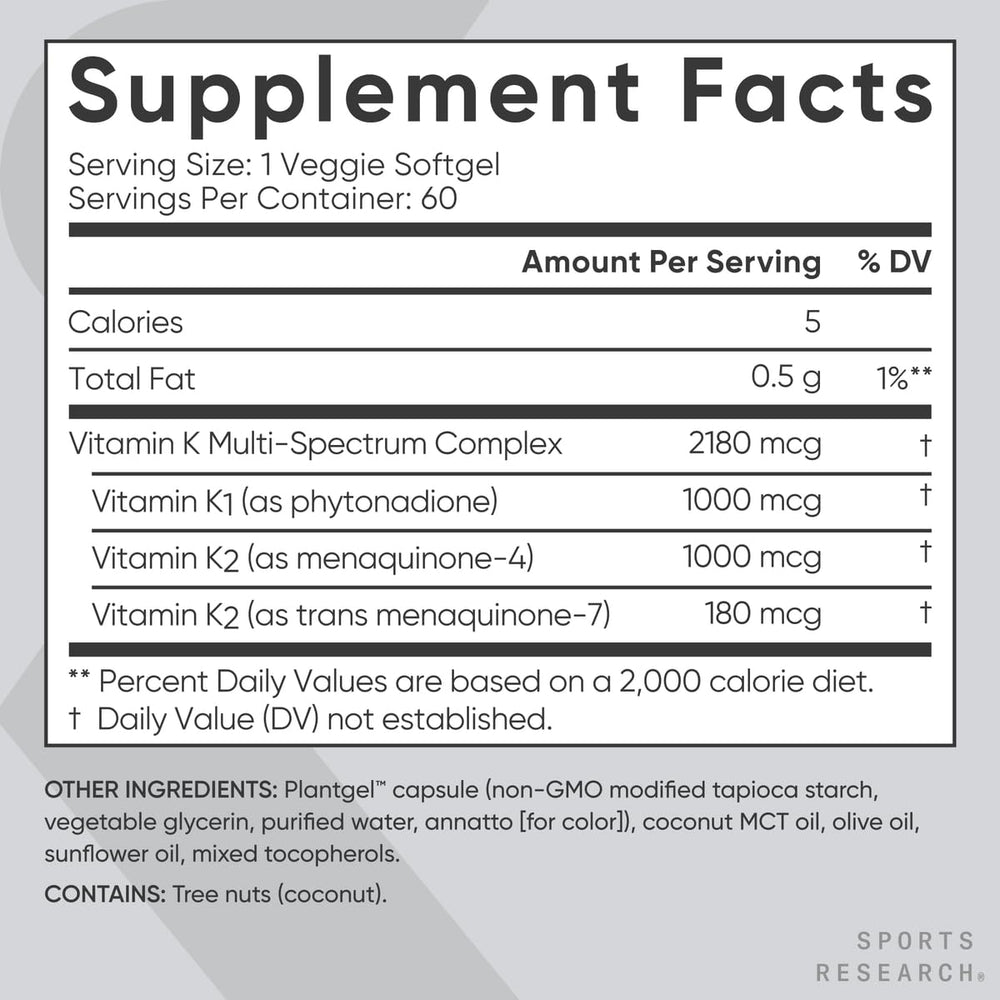 Sports Research Vitamin K Multi-Spectrum dosificación diaria de 1000 mcg K1 y 1180 mcg K2
