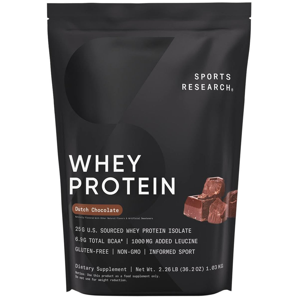 Sports Research Whey Protein Isolate front view in Dutch Chocolate, ideal for workouts