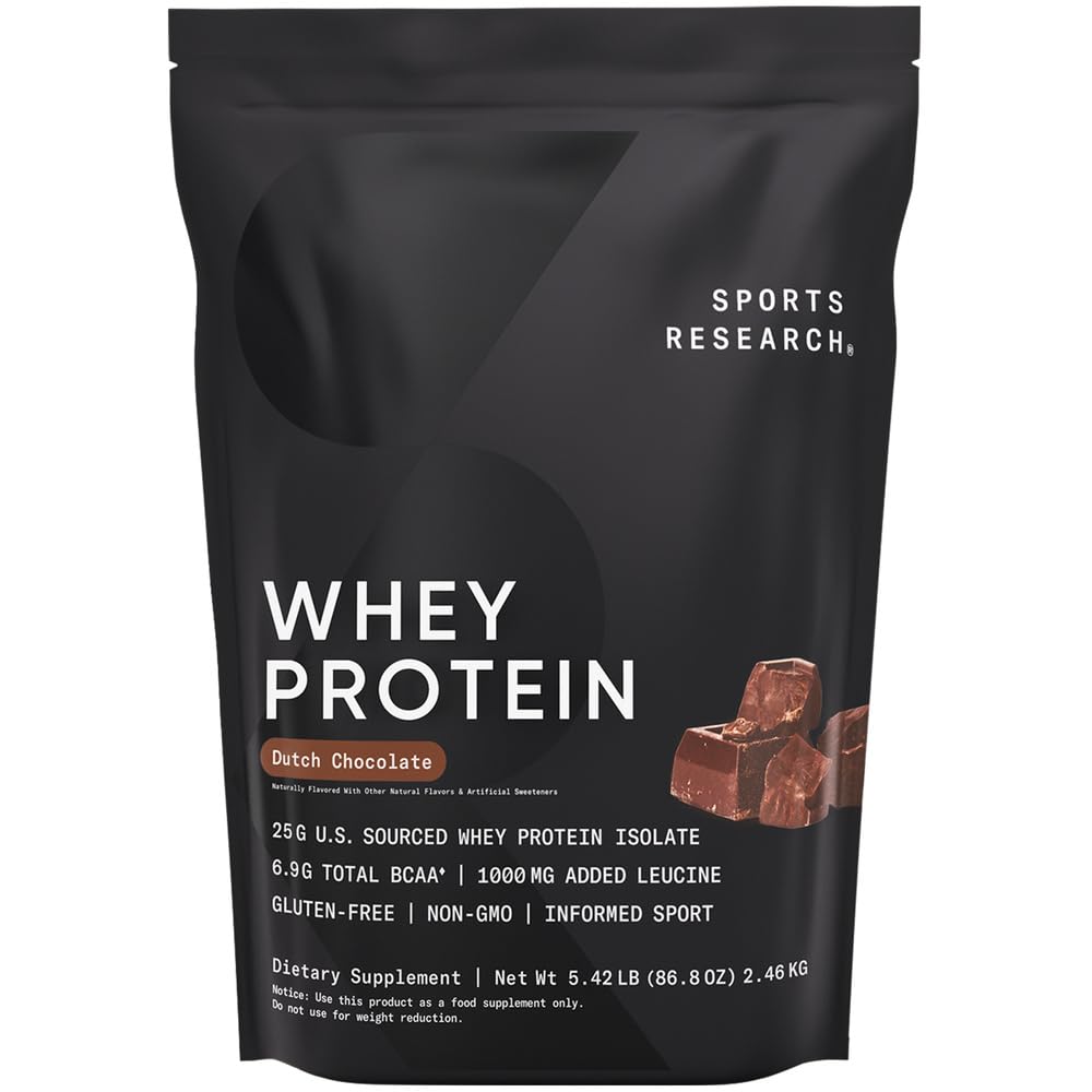 Sports Research Whey Protein isolate bottle with scoop, lean muscle support after workouts.