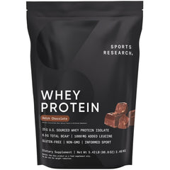 Sports Research Whey Protein isolate bottle with scoop, lean muscle support after workouts.