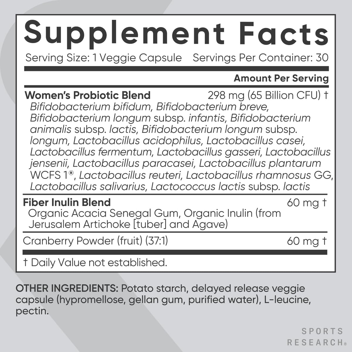 Sports Research Women's Probiotics fiber inulin detail supports daily fiber intake.