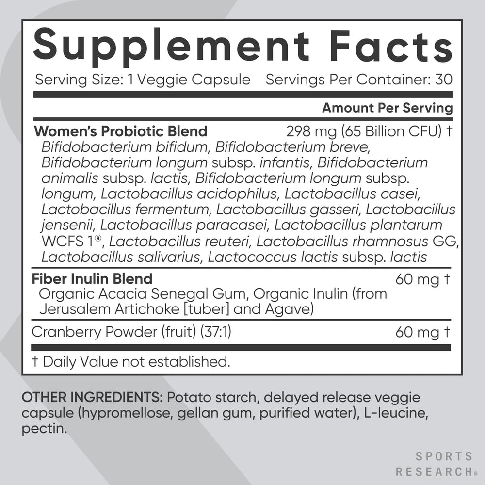 Sports Research Women's Probiotics fiber inulin detail supports daily fiber intake.