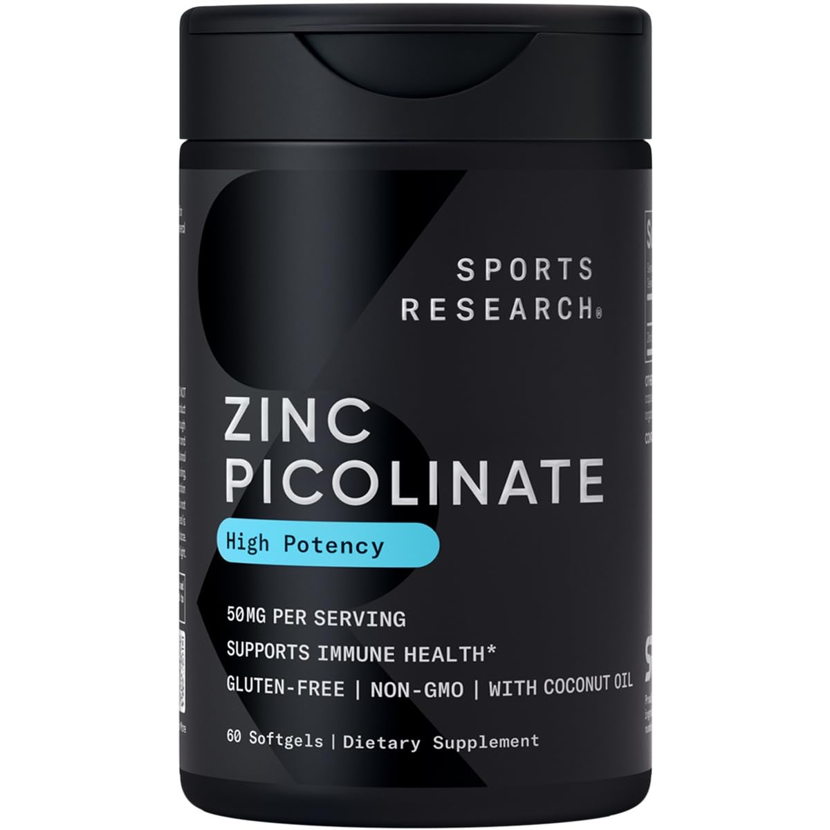 Sports Research Zinc Picolinate bottle showcases high potency 50 mg zinc for daily wellness.
