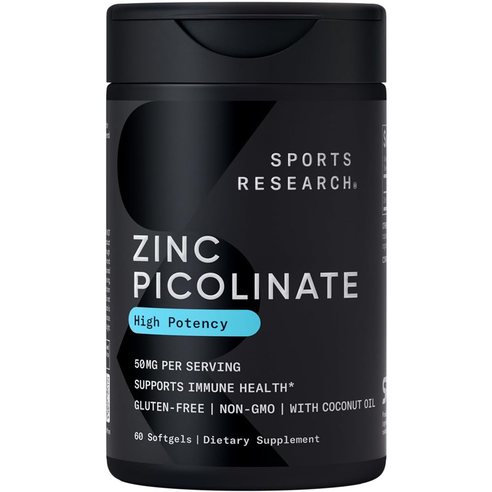 Sports Research Zinc Picolinate bottle showcases high potency 50 mg zinc for daily wellness.