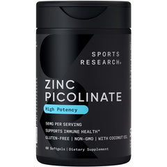 Sports Research Zinc Picolinate bottle showcases high potency 50 mg zinc for daily wellness.