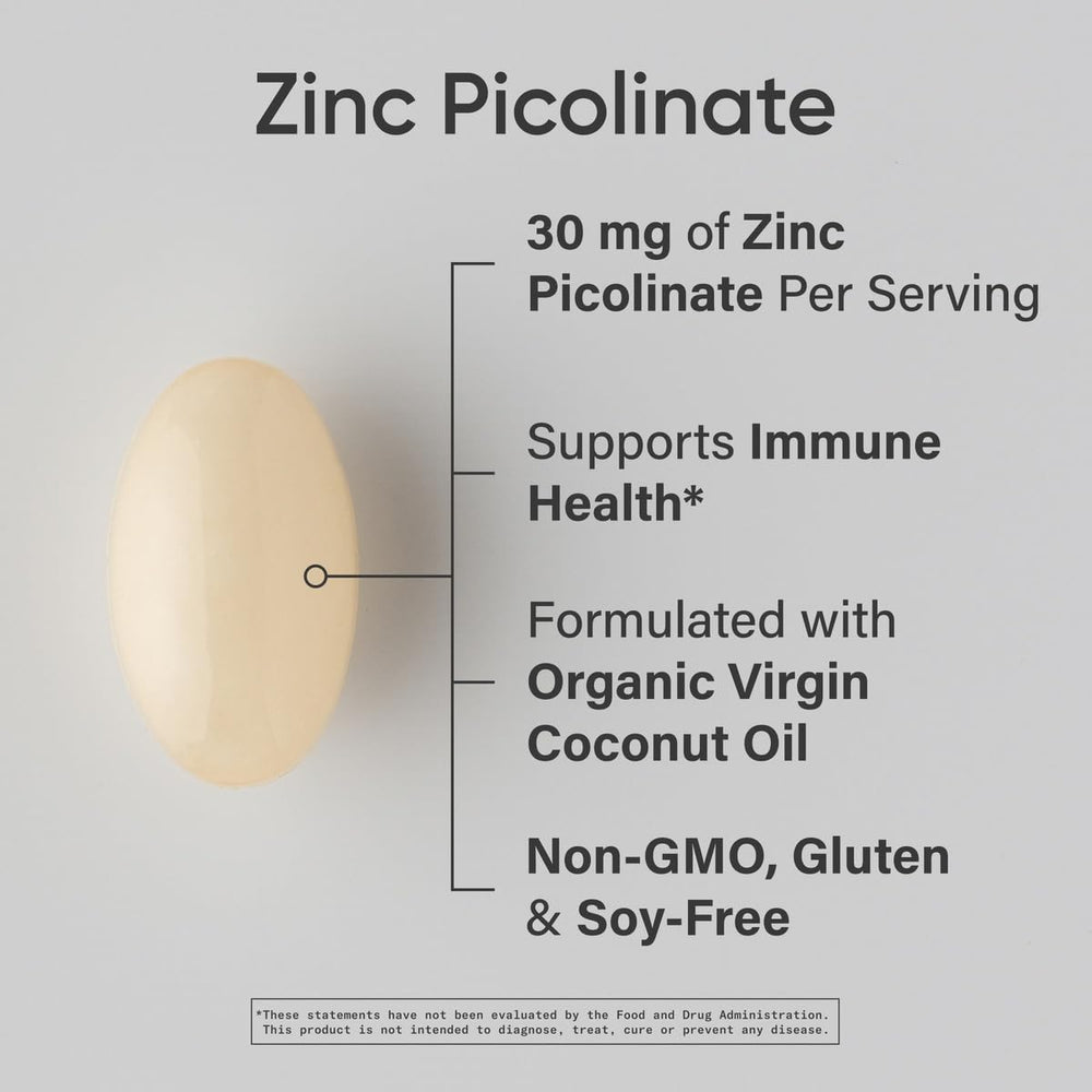 Closeup of Sports Research zinc picolinate softgels, highly absorbable supplementation.