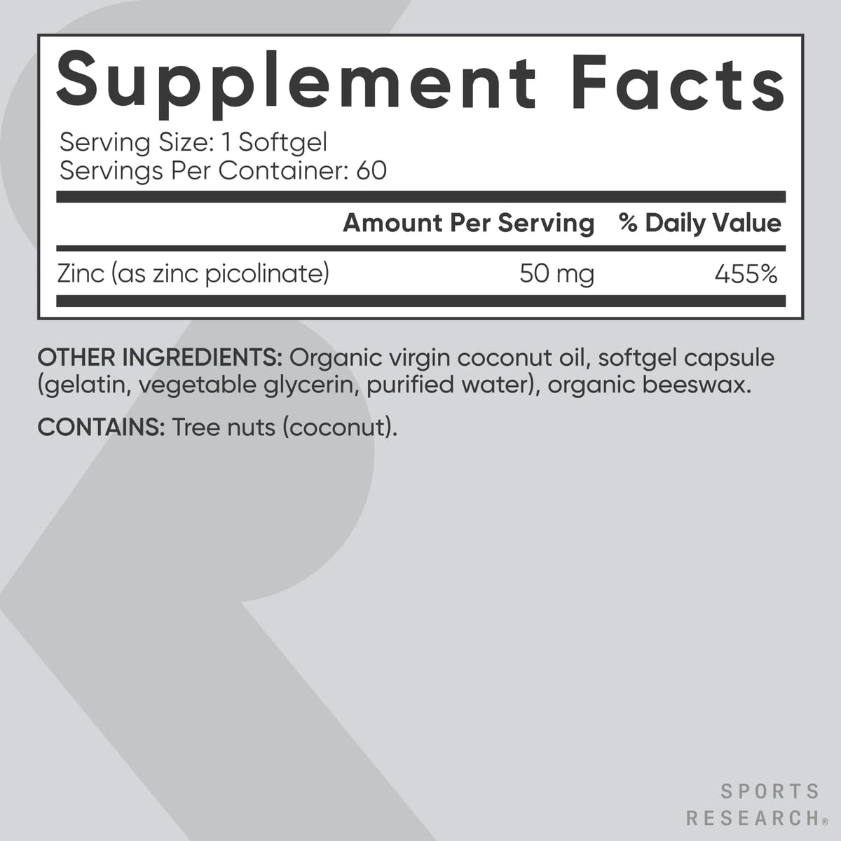 Manufactured in United States in cGMP facilities, ensuring quality control for Sports Research zinc.