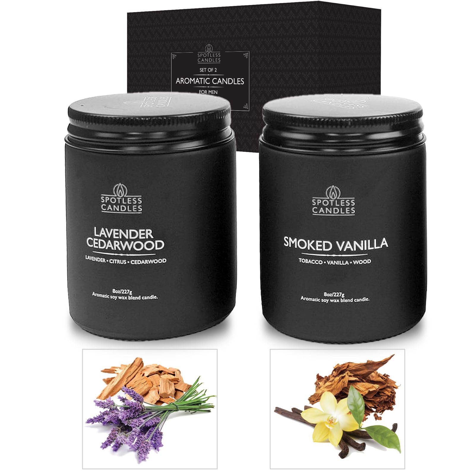 Spotless Leopard mens candle in a matte black jar with smoked vanilla for cozy evenings.