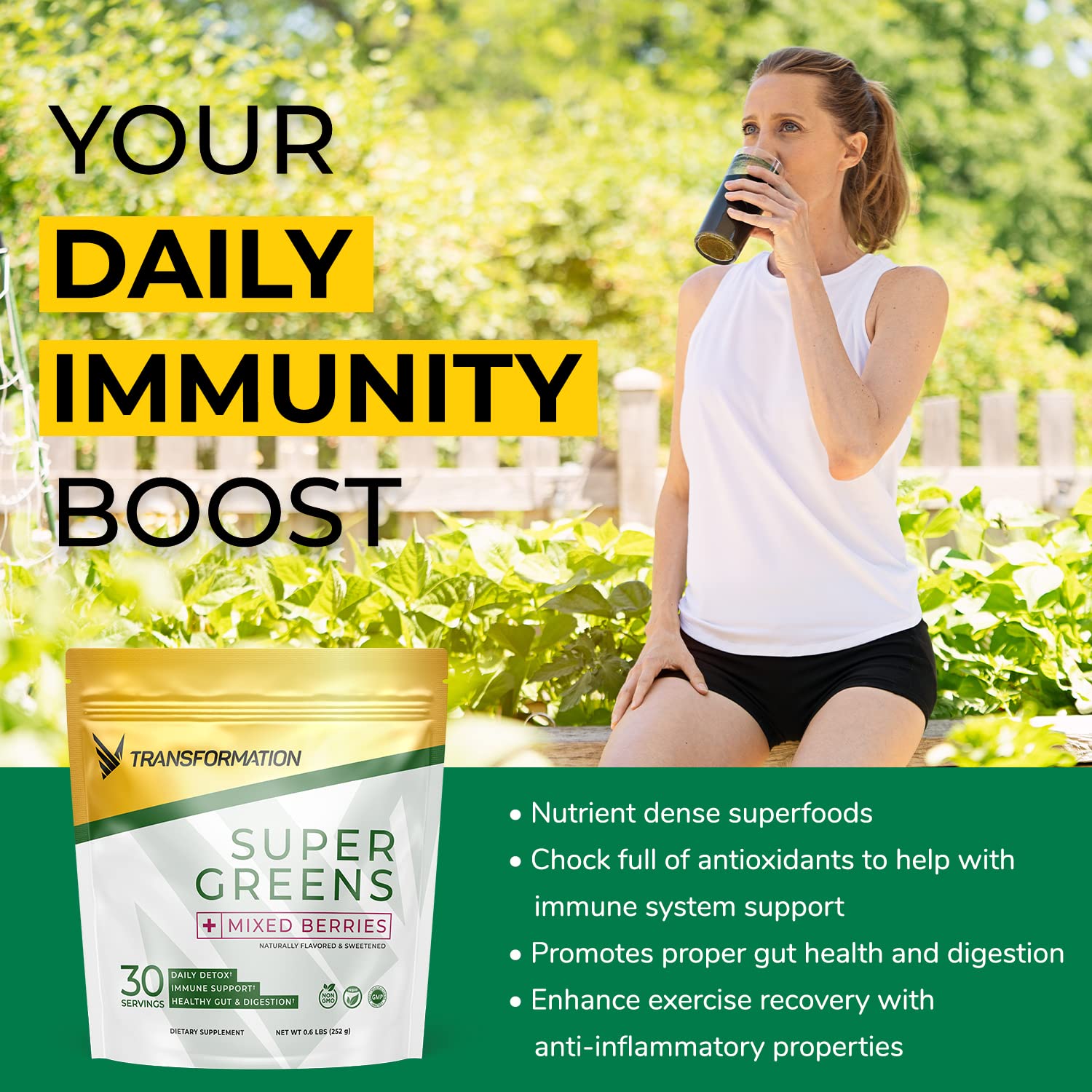 SPR BODY Transformation Super Greens label closeup highlighting natural ingredients and minerals