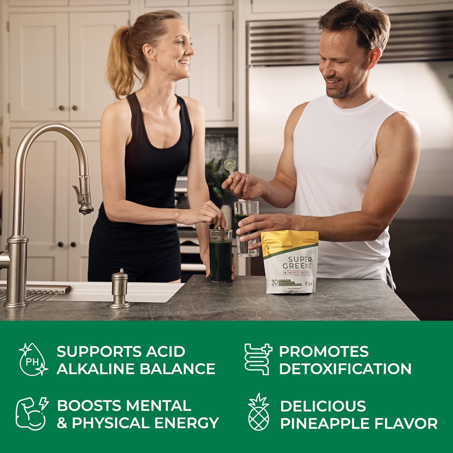 SPR BODY Transformation Super Greens powder-dispense for quick post-workout refreshment