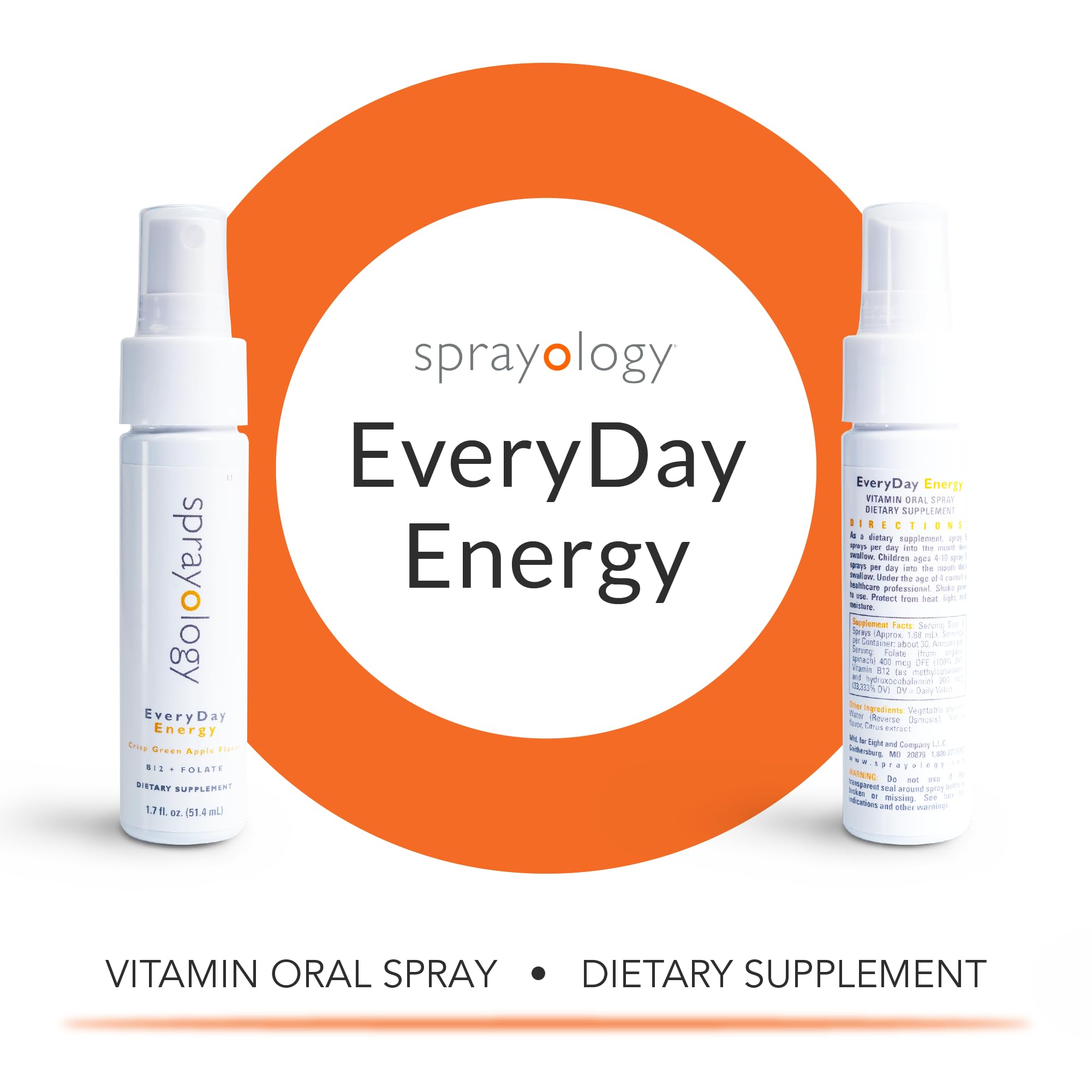 Sprayology EveryDay Energy bottle back view showing vegan, gluten-free formula and ingredients.