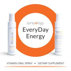 Sprayology EveryDay Energy bottle back view showing vegan, gluten-free formula and ingredients.