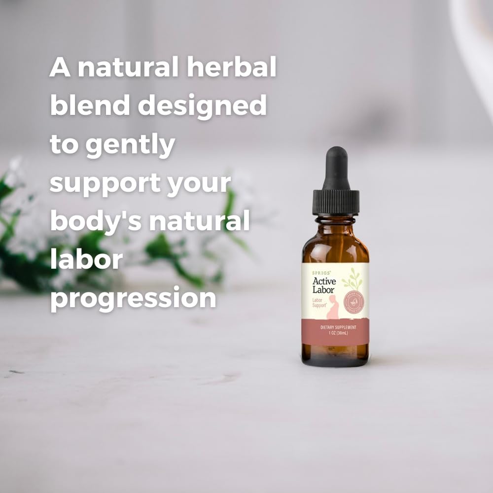 SPRIGS Active Labor tincture bottle closeup highlights herbal blend for labor support.