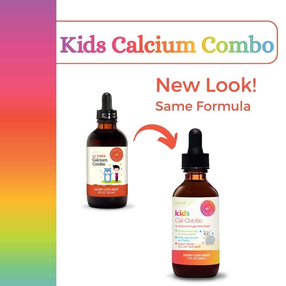 SPRIGS Kids Cal-Combo bottle back with ingredients and dosage information for parents