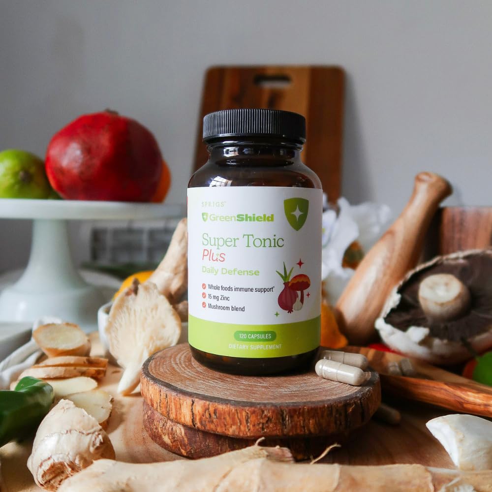 SPRIGS Super Tonic Plus organic garlic onion ginger ingredients highlight natural flavor and nourishment.