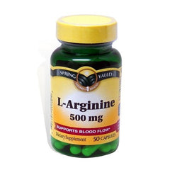 Spring Valley L-Arginine bottle with 50 capsules supports blood flow and muscular circulation.