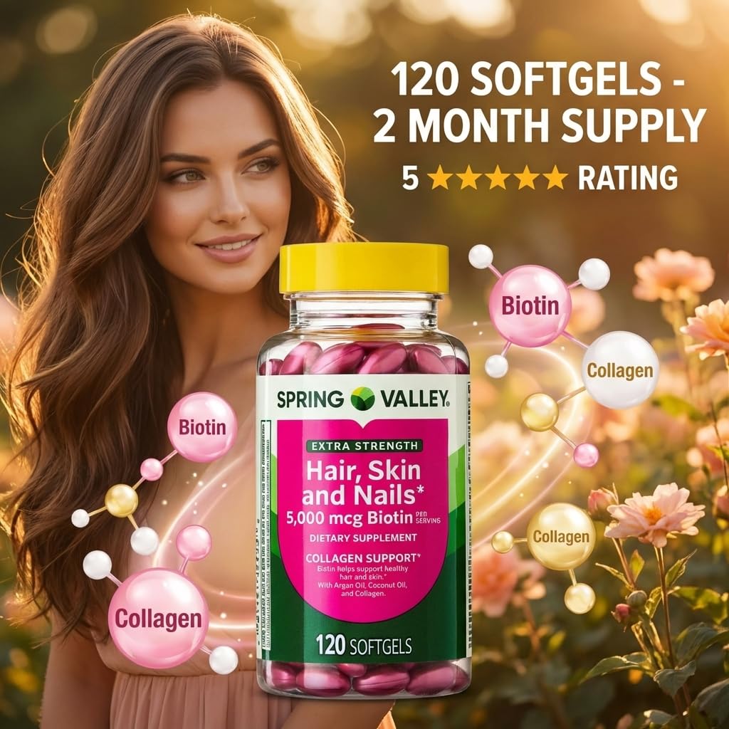 Spring Valley biotin hair skin nails softgels highlighting beauty nutrients.