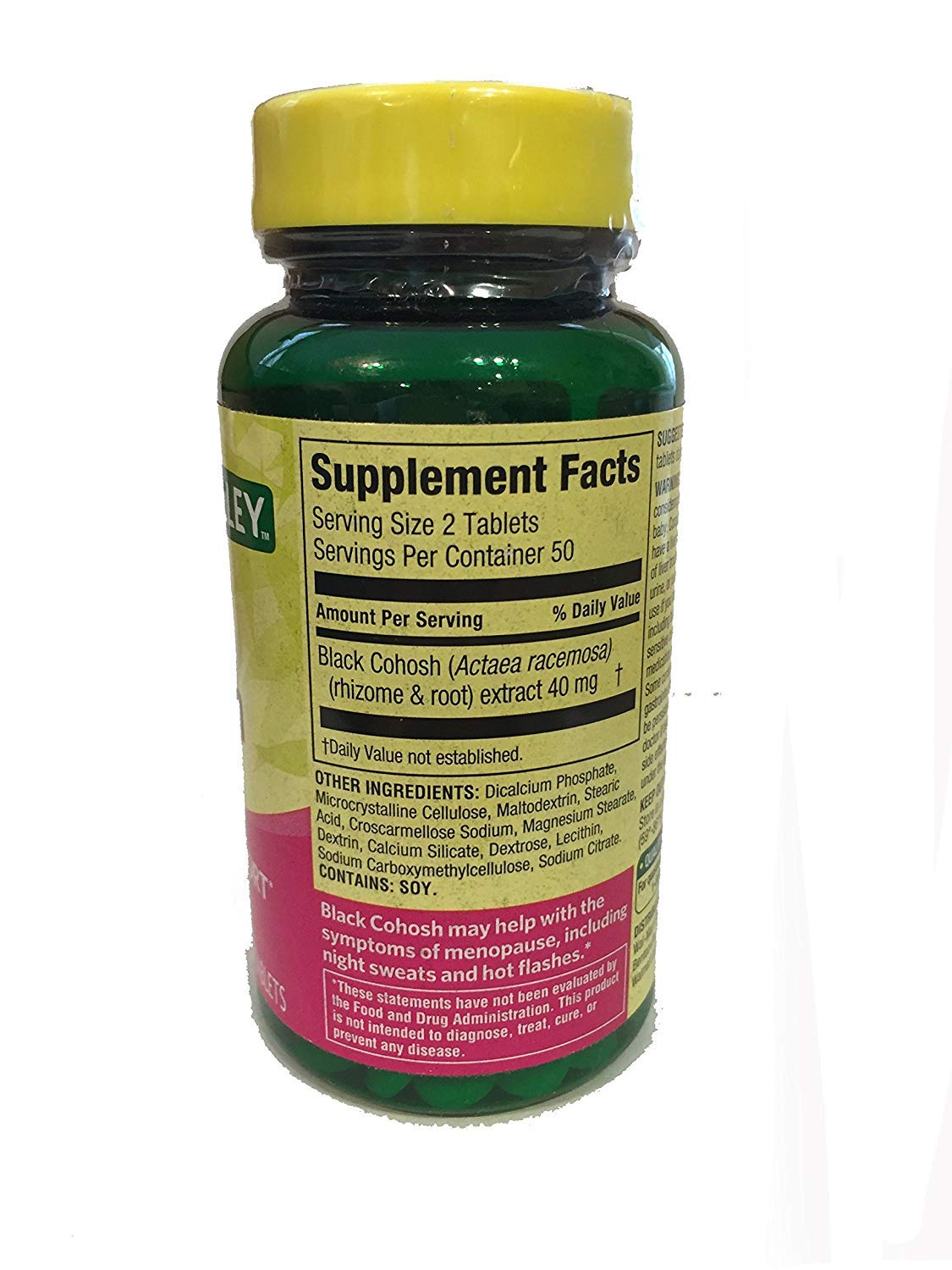 Spring Valley Black Cohosh Extract tablets pack showing gluten-free and lactose-free formula