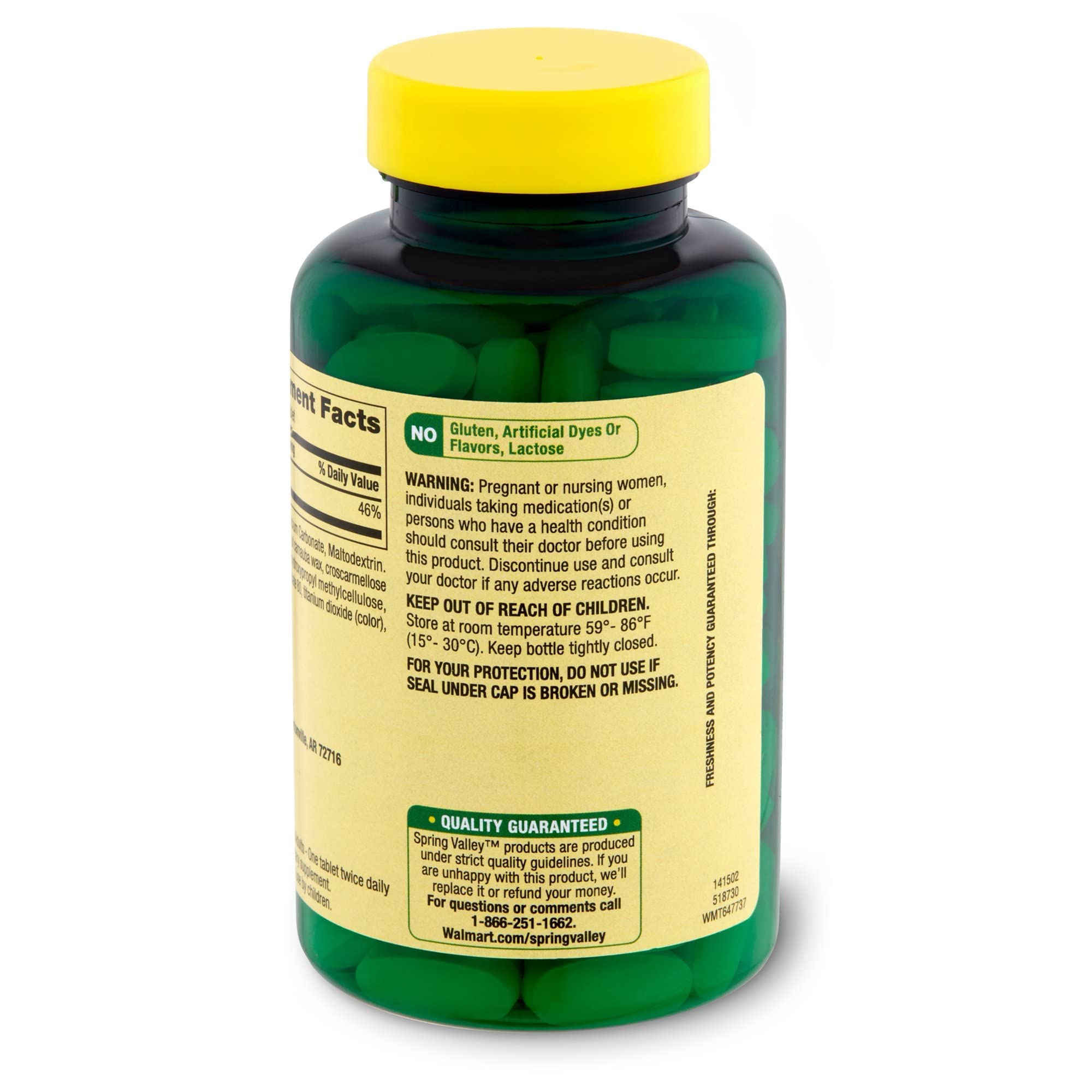 Spring Valley Calcium 600mg bottle label with dosage and ingredients for transparency