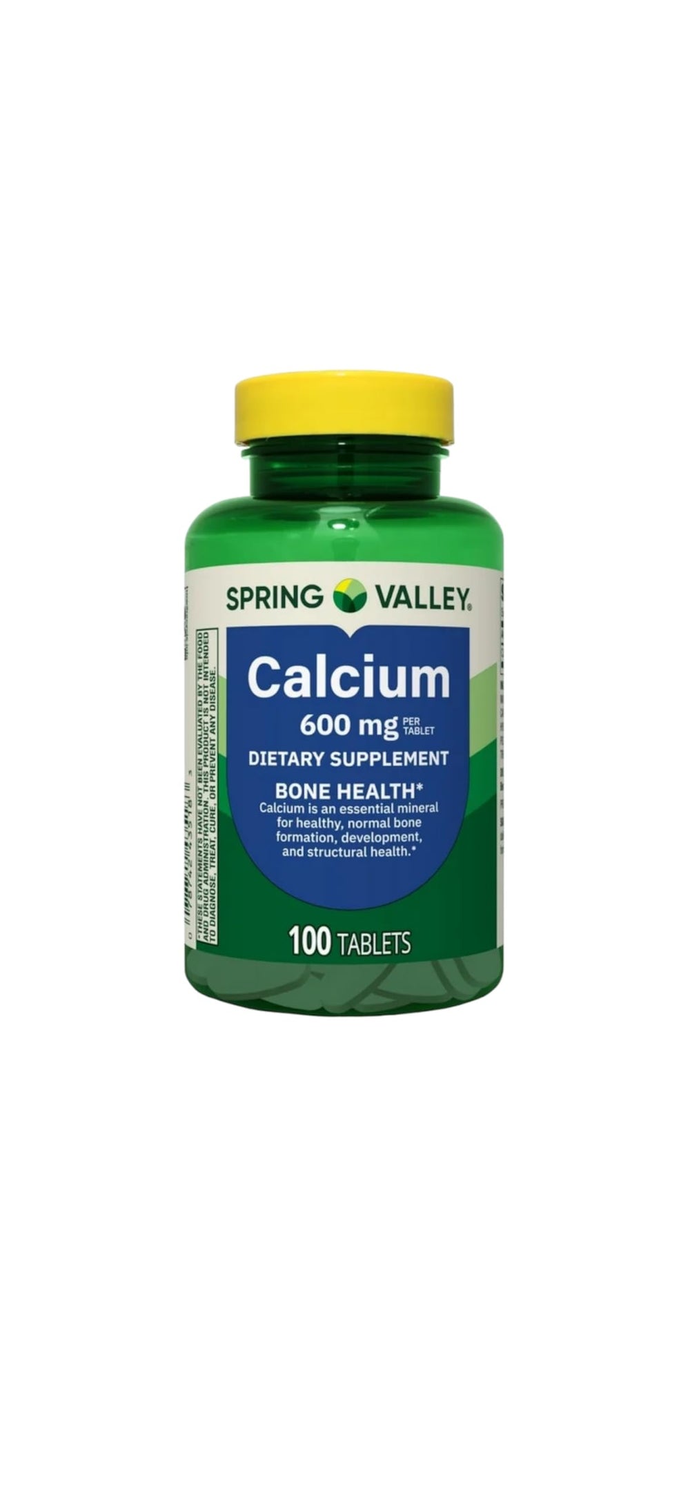 Close-up of Spring Valley calcium bone health tablet showing 600 mg strength