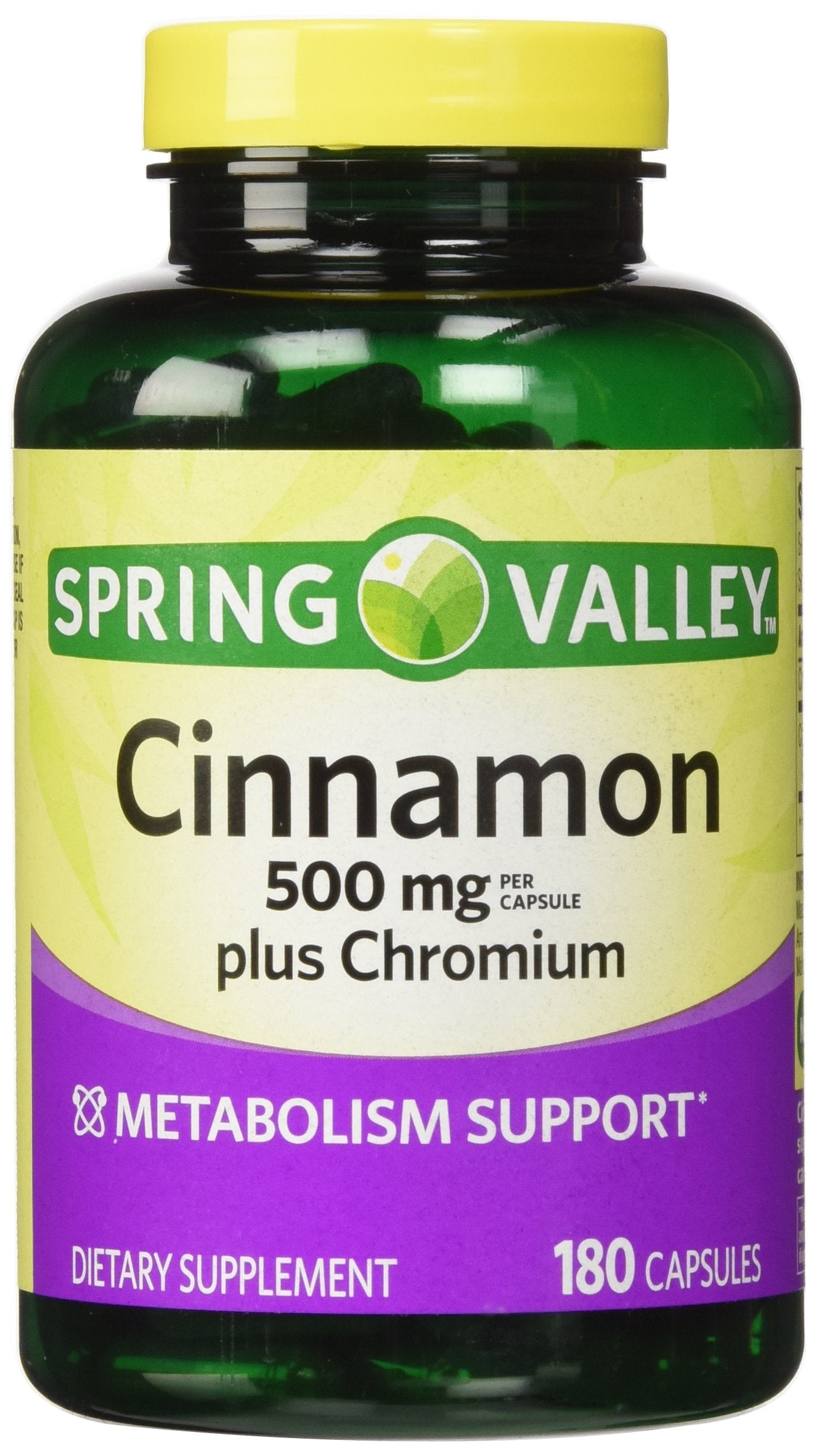 Spring Valley Cinnamon 500mg Chromium twin-pack capsules, showing 360 servings for daily metabolism support.