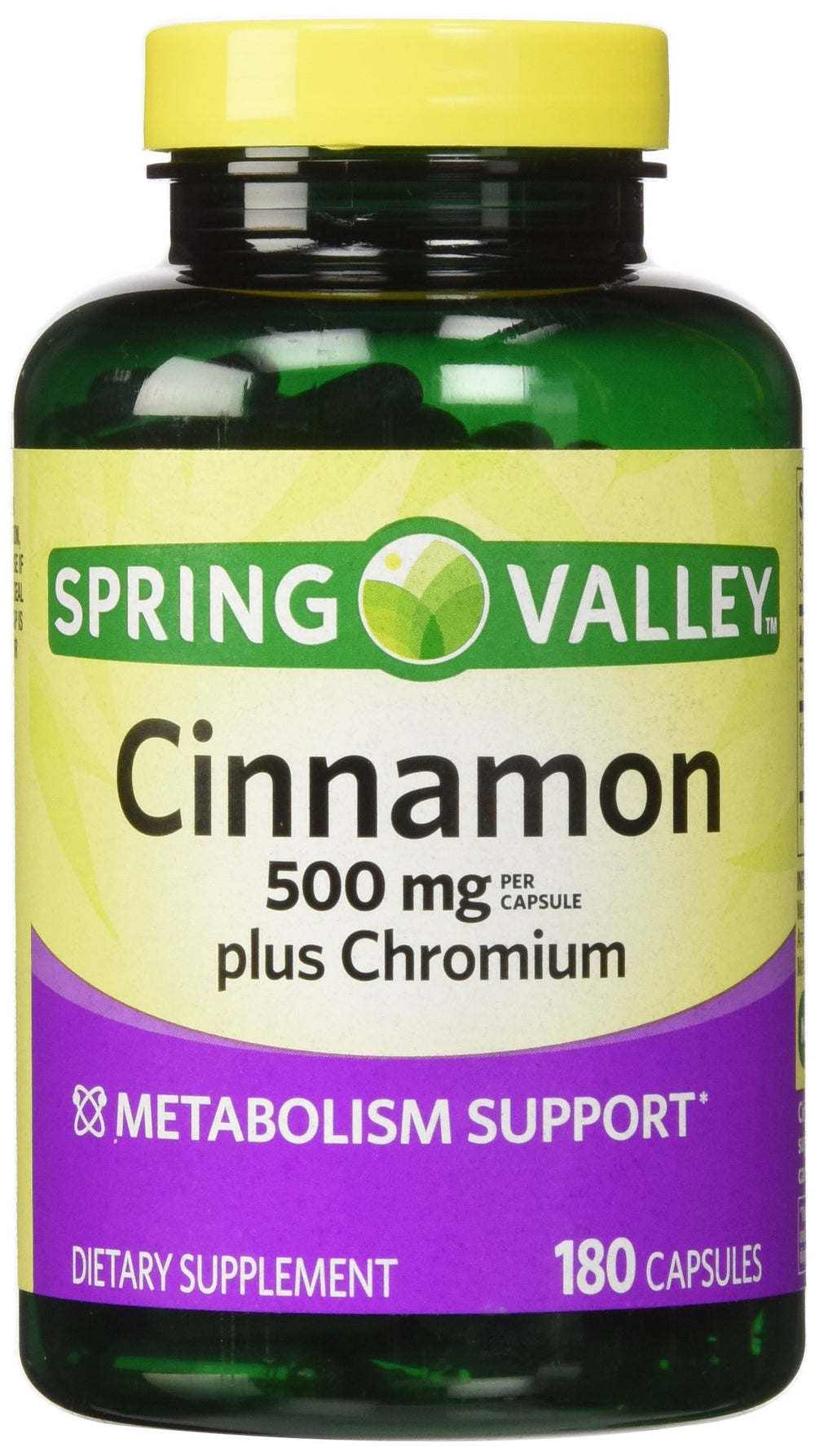 Spring Valley Cinnamon 500mg Chromium twin-pack capsules, showing 360 servings for daily metabolism support.