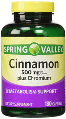 Spring Valley Cinnamon 500mg Chromium twin-pack capsules, showing 360 servings for daily metabolism support.