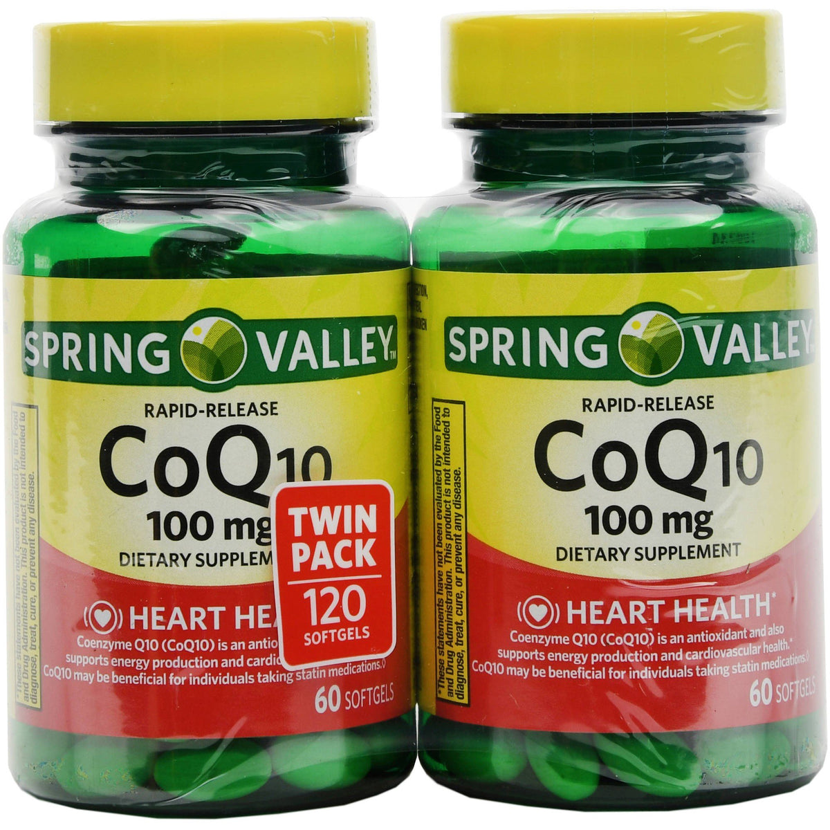 Spring Valley CoQ10 softgel bottle supports heart energy and antioxidants.