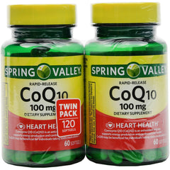 Spring Valley CoQ10 softgel bottle supports heart energy and antioxidants.
