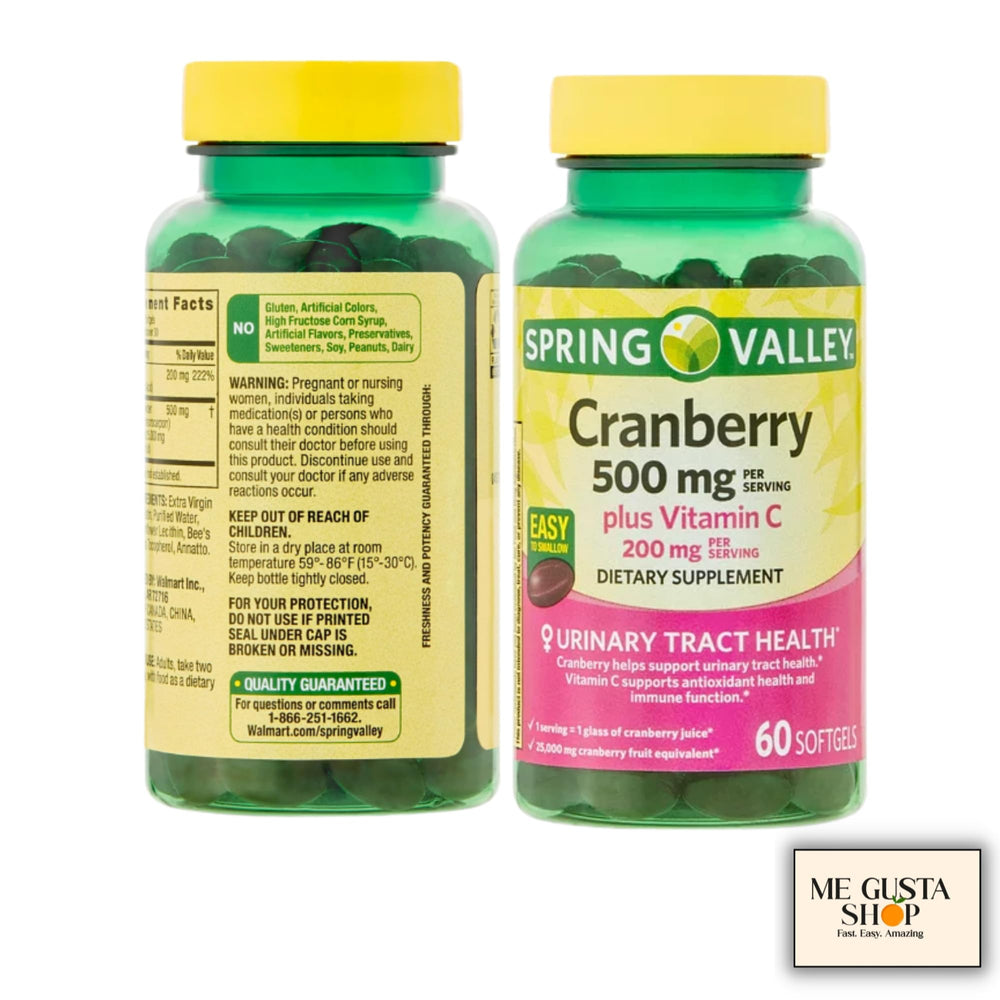 Spring Valley Cranberry softgels 500 mg with Vitamin C 200 mg per serving.