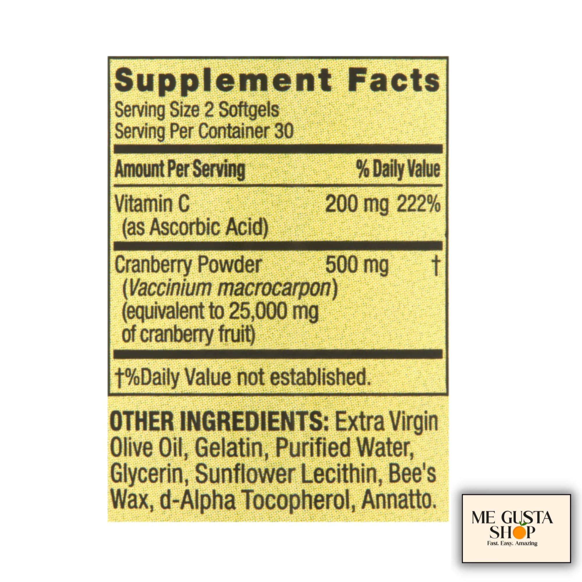 Spring Valley Cranberry softgels label close-up with serving details.