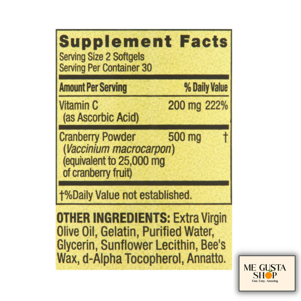 Spring Valley Cranberry softgels label close-up with serving details.