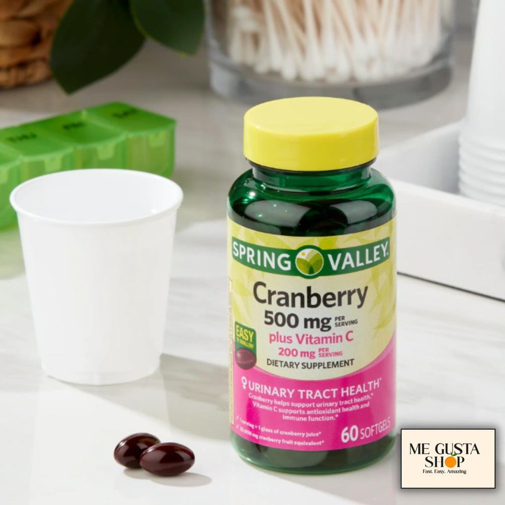 Pill organizer included with Spring Valley Cranberry softgels for daily dosing.