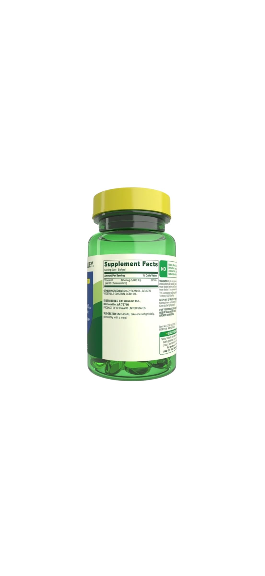 Spring Valley D3 softgel close-up emphasizing potency and easy swallowing.