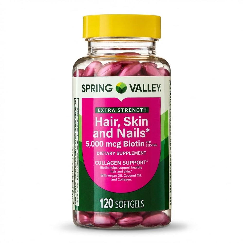 Spring Valley extra-strength biotin softgels bottle shown for beauty support.