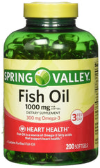Spring Valley Fish Oil softgel bottle for heart health support and daily omega-3 intake.
