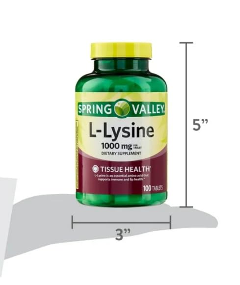 Spring Valley L-Lysine 1000mg tablets close-up showing high potency per tablet.