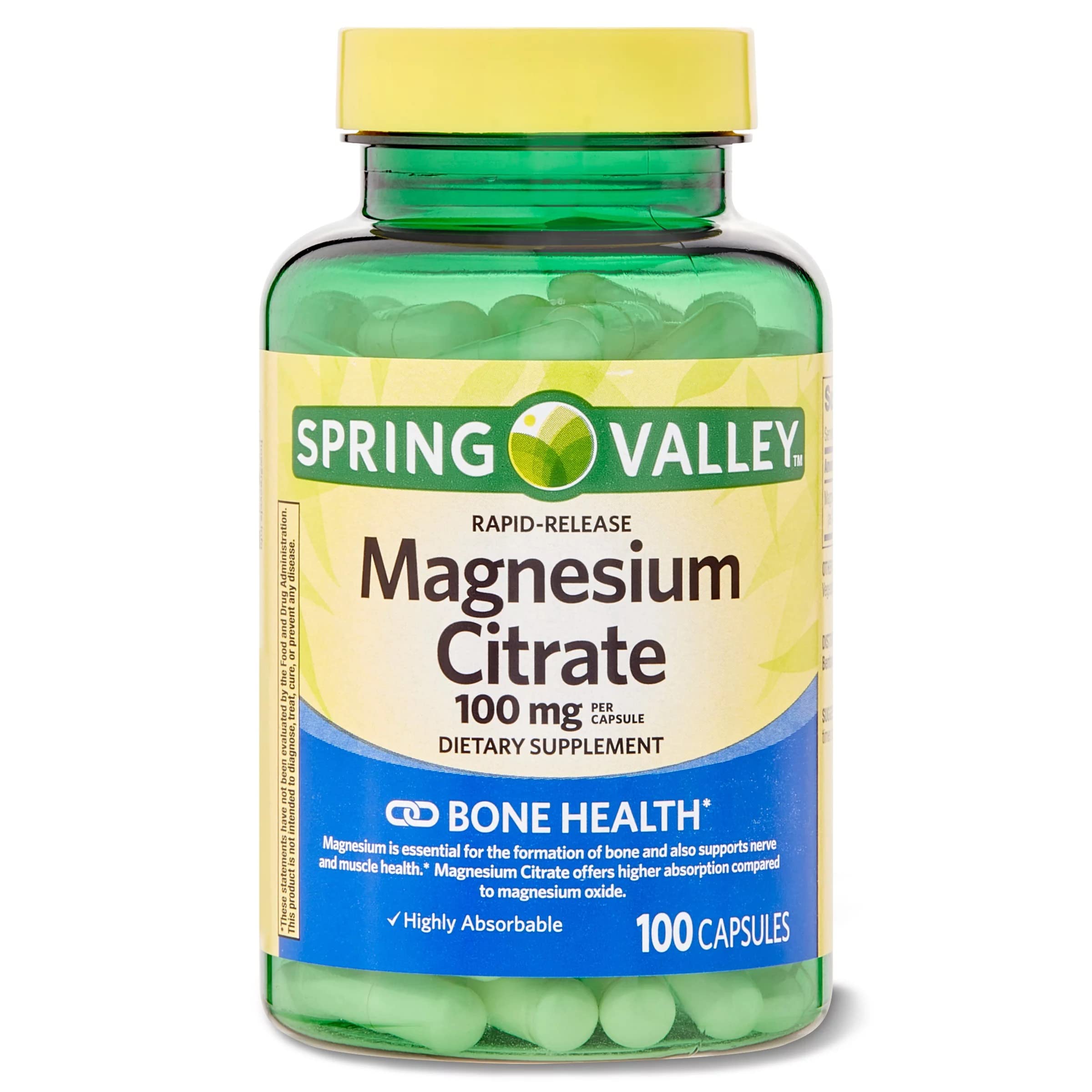 Spring Valley Magnesio Citrato: botella de cápsulas para absorción rápida y uso diario.