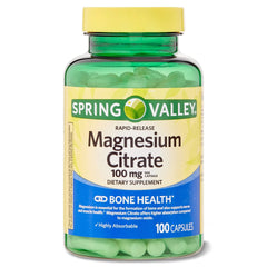 Spring Valley Magnesio Citrato: botella de cápsulas para absorción rápida y uso diario.