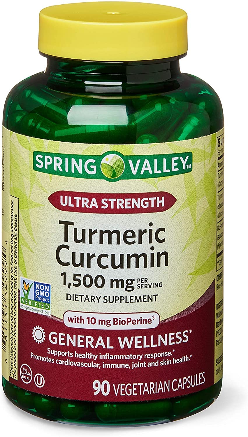 Spring Valley turmeric curcumin 1500 mg bottle with 90 capsules for daily wellness