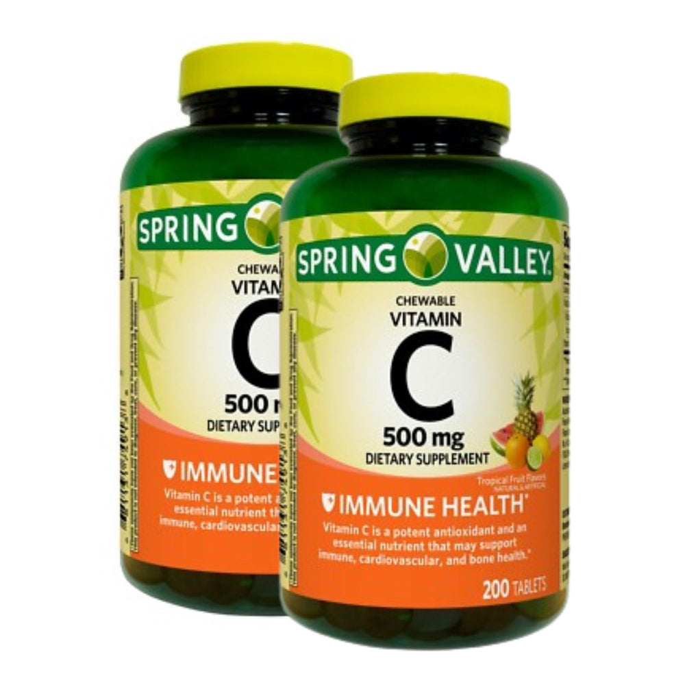 Spring Valley Vitamin C 500 mg chewables bottle with tropical flavor for daily immune support potential
