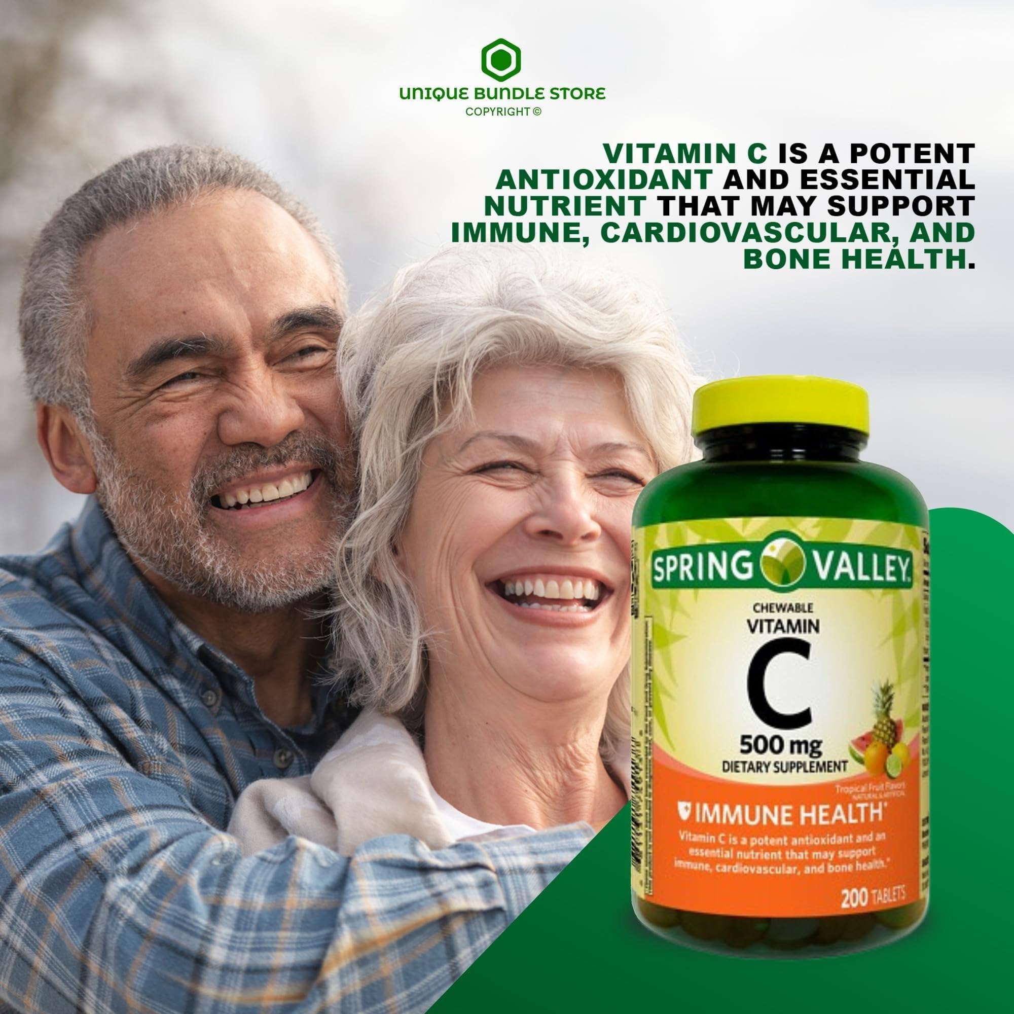 Spring Valley Vitamin C label highlights tropical fruit flavor and 500 mg dose