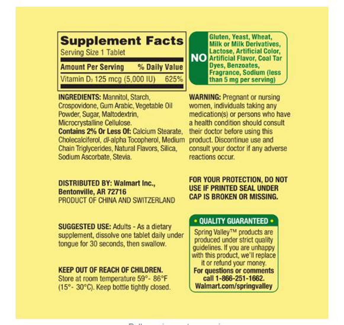Spring Valley Vitamin D3 fast dissolve ingredient label highlighting gluten and lactose free formula.