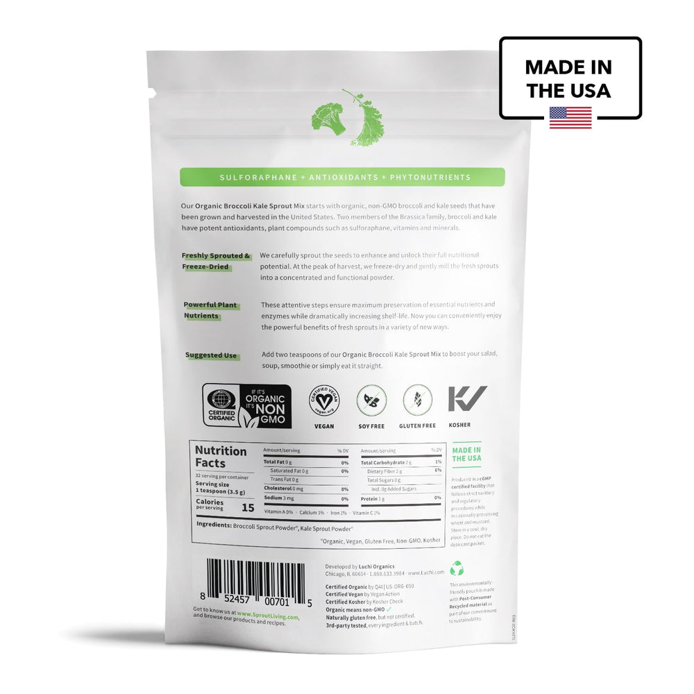 Sprout Living broccoli-kale sprout mix powder close-up suited for smoothies
