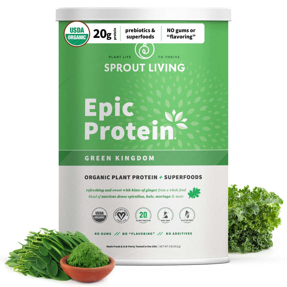 Sprout Living Epic Protein canister front showing clean vegan protein for shakes