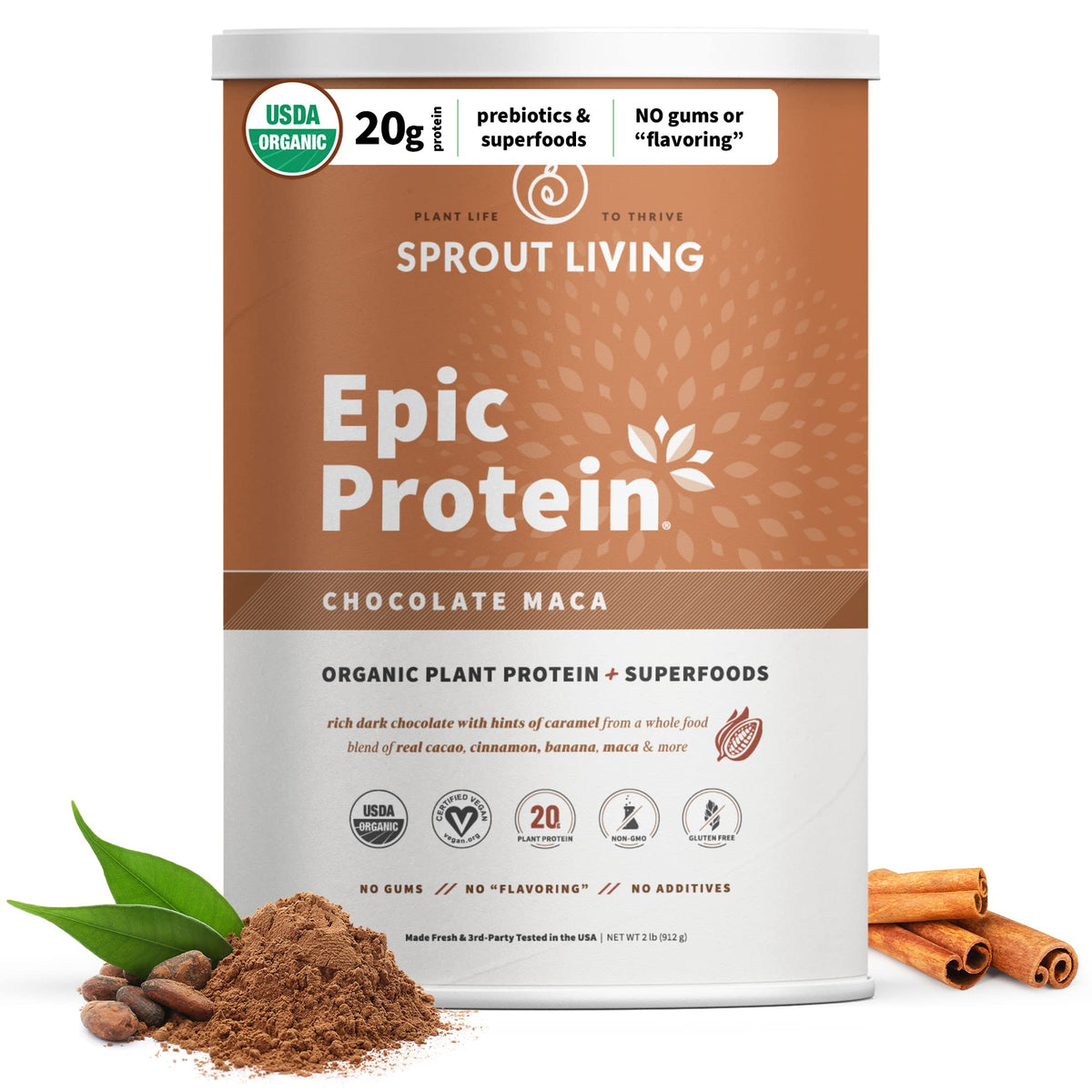 Sprout Living Epic Protein bottle with chocolate maca offers a creamy dairy-free protein boost.