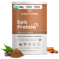 Sprout Living Epic Protein bottle with chocolate maca offers a creamy dairy-free protein boost.