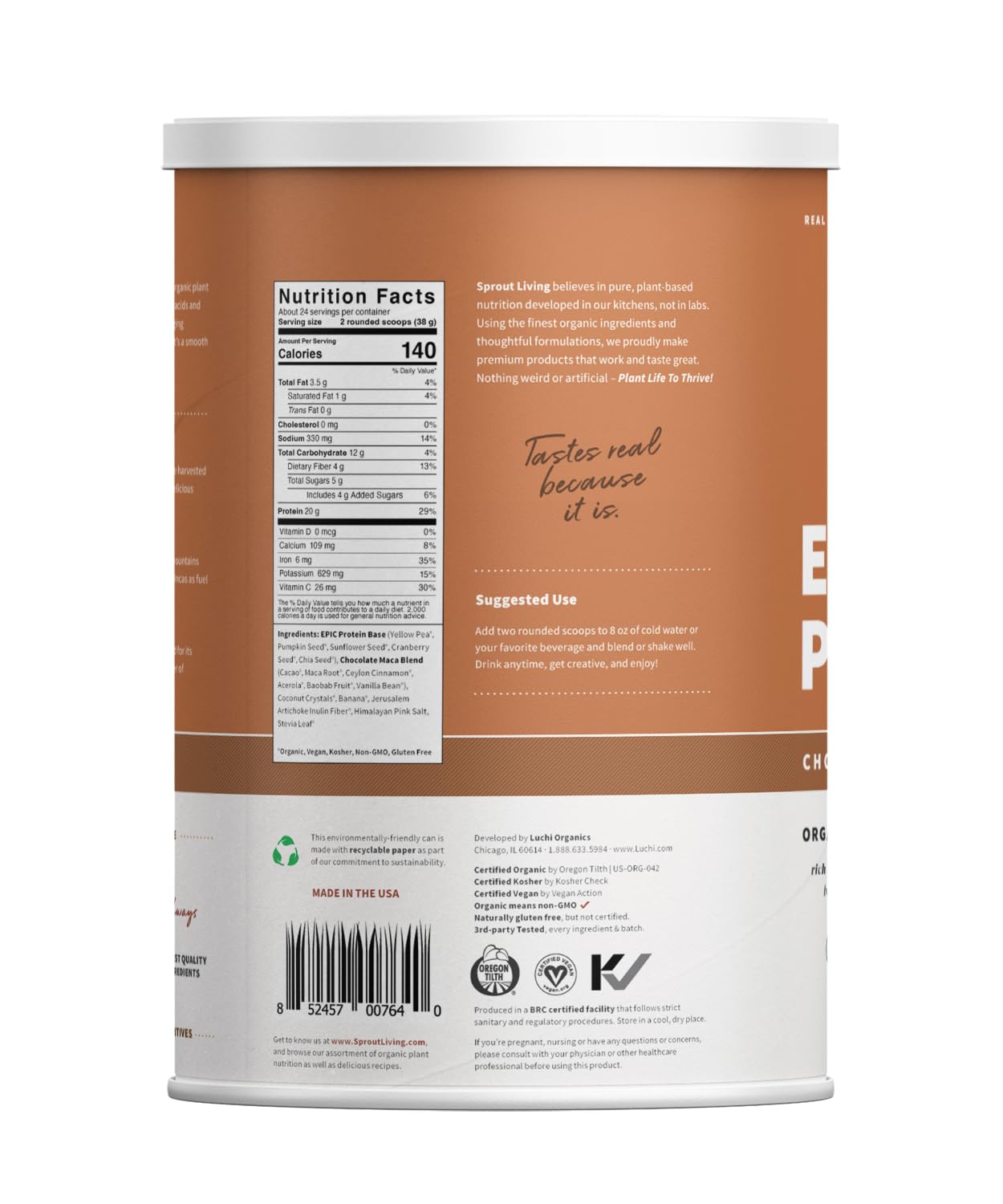 Ingredients list for Sprout Living Epic Protein emphasizing plant-based sources.