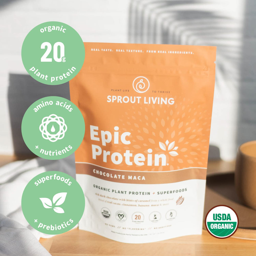 Sprout Living Epic Protein powder dust with cacao-maca aroma